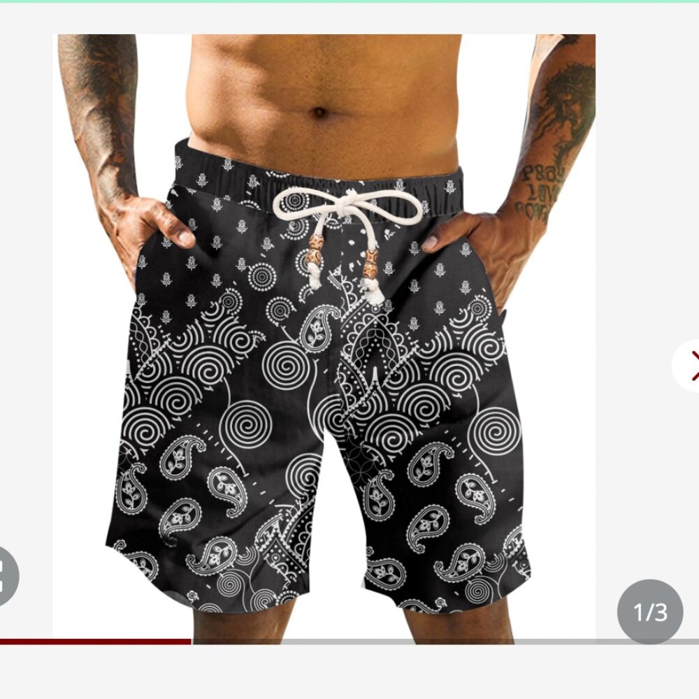 Men's Linen Shorts Boho Tribal Print Shorts Elastic Waistband No Liner SIZE L